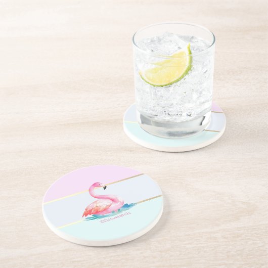 Moderne Pastellstreifen, rosa Flamingos Getränkeuntersetzer (Seite)