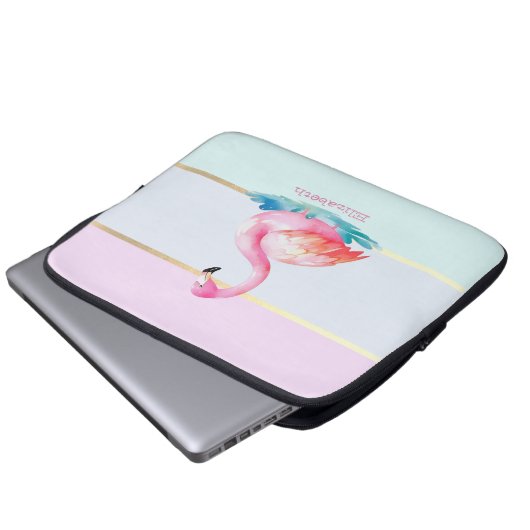 Moderne Pastellstreifen, rosa Flamingos Laptopschutzhülle (Vorne Knopf)