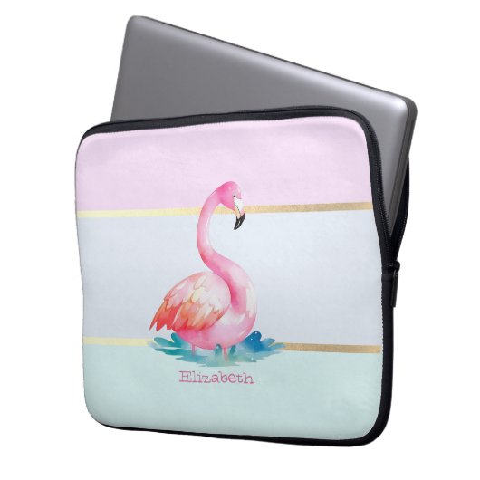Moderne Pastellstreifen, rosa Flamingos Laptopschutzhülle (Vorderseite Links)