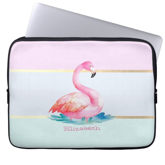 Moderne Pastellstreifen, rosa Flamingos Laptopschutzhülle (Vorderseite)