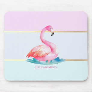 Moderne Pastellstreifen, rosa Flamingos Mousepad
