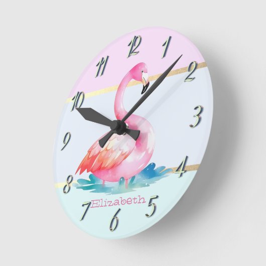 Moderne Pastellstreifen, rosa Flamingos Runde Wanduhr (Winkel)