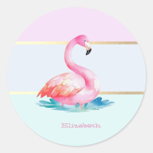 Moderne Pastellstreifen, rosa Flamingos Runder Aufkleber