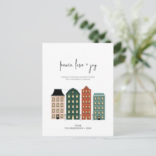 Moderne Peace Liebe & Josh Christmas Town Holiday Postkarte (Stehend Vorderseite)