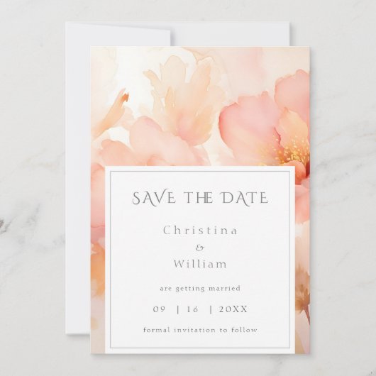 Moderne Peach-Blume Hochzeit speichern das Datum Einladung (Vorderseite)