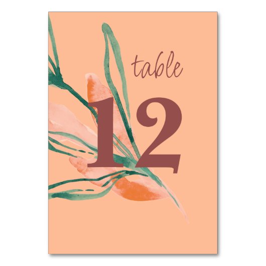 Moderne peach Botanical Wedding Tischnummer (Vorderseite)