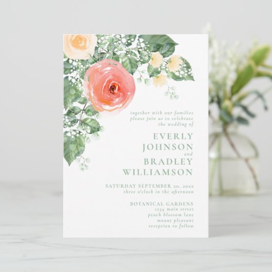 Moderne Peach Coral Frühjahr Blumenhochzeit I Einladung (Stehend Vorderseite)