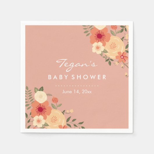 Moderne Peach Floral Baby Dusche Napkins Serviette (Vorderseite)