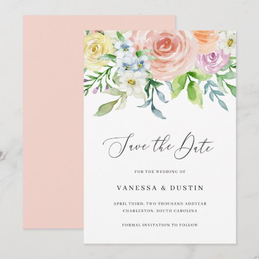 Moderne Peach floral Non Foto Elegante Hochzeit Save The Date (Vorne/Hinten)