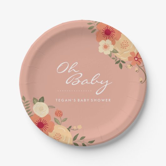 Moderne Peach floral Oh Baby Duschpapier Teller (Vorderseite)