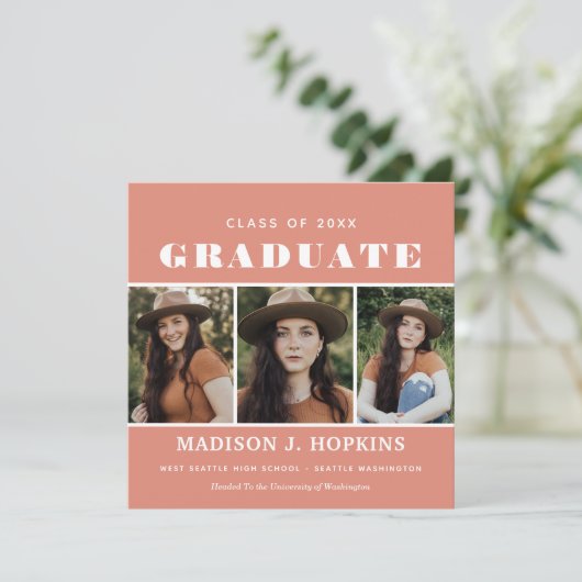 Moderne Peach Foto Graduation Party Einladung (Stehend Vorderseite)