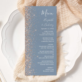 Moderne Peach Glitzer Dusty Blue Wedding Menükarte