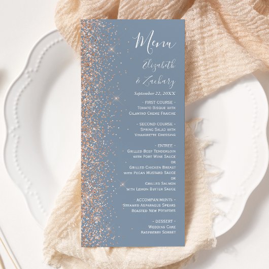 Moderne Peach Glitzer Dusty Blue Wedding Menükarte