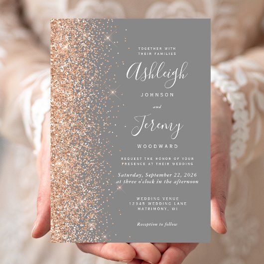 Moderne Peach Glitzer Edge Gray Wedding Einladung