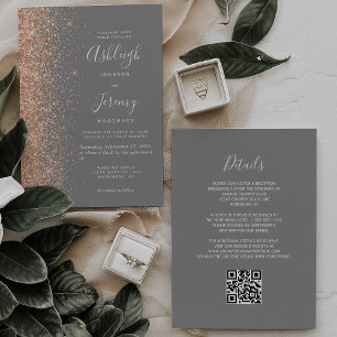 Moderne Peach Glitzer Graue QR Code Hochzeit Einladung