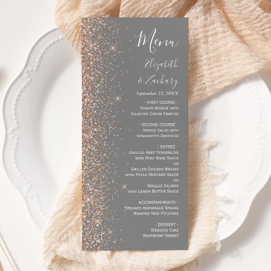 Moderne Peach Glitzer Gray Wedding Menükarte