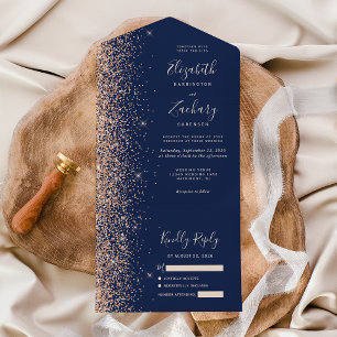 Moderne Peach Glitzer Navy Blue Wedding All In One Einladung