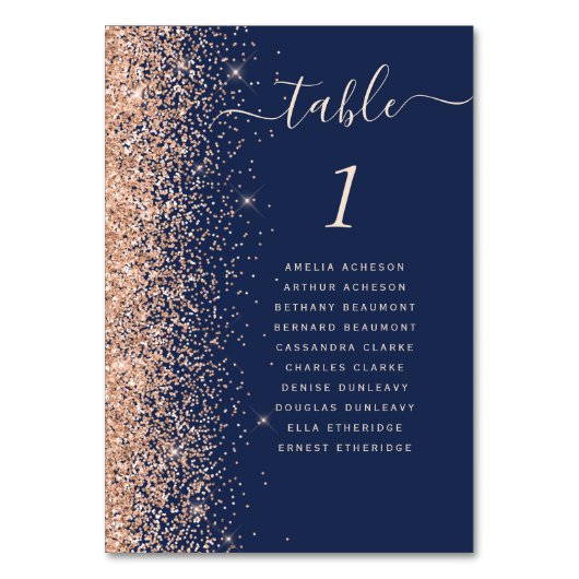 Moderne Peach Glitzer Navy Blue Wedding Tischnummer (Rückseite)