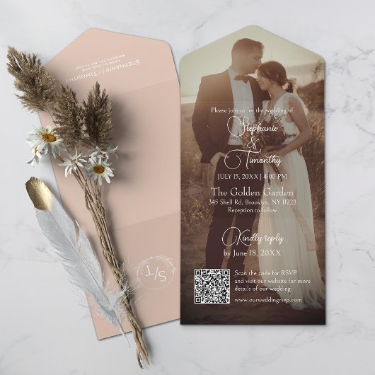 Moderne Peach QR Code Foto Hochzeit All In One Einladung