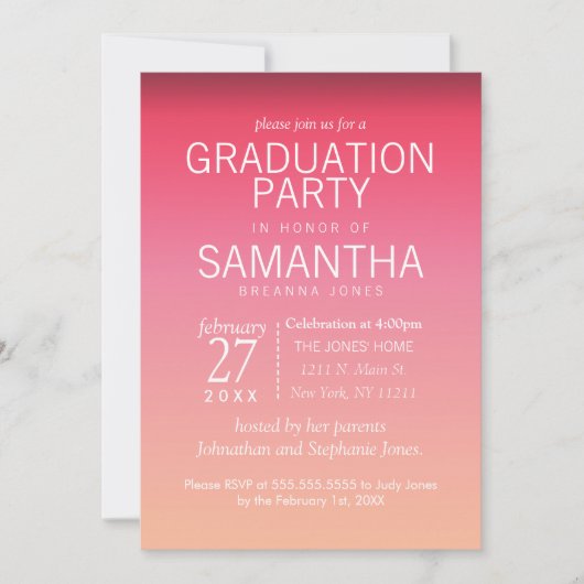 Moderne Peach Summer Gradient Graduation Party Einladung (Vorderseite)