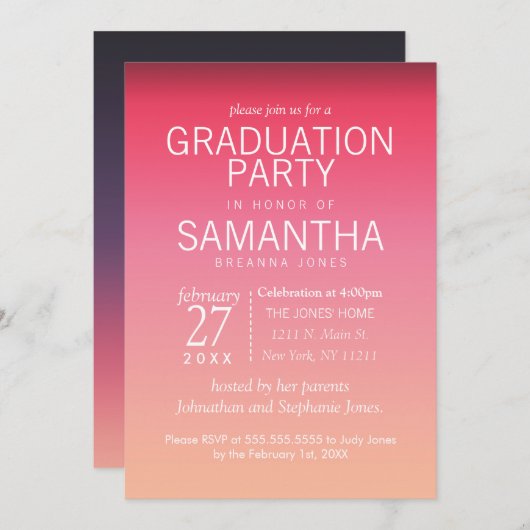 Moderne Peach Summer Gradient Graduation Party Einladung (Vorne/Hinten)