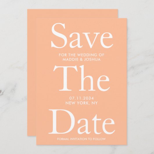 Moderne Peach Wedding Flat Save the Date Card (Vorne/Hinten)