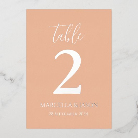 Moderne Peach Wedding Tischnummer Rose Gold (Vorderseite)