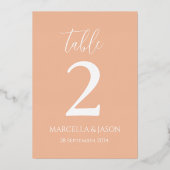Moderne Peach Wedding Tischnummer Rose Gold (Rückseite)