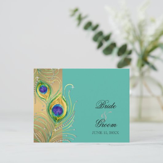 Moderne Peacock Feathers Imitate Jewel Scroll Swir RSVP Karte (Stehend Vorderseite)