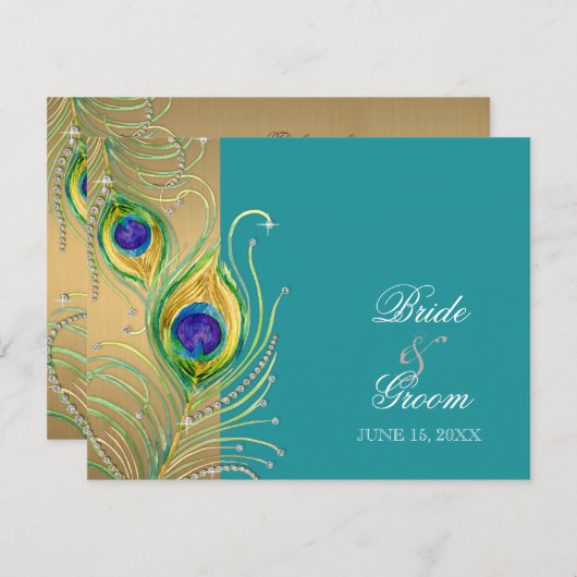 Moderne Peacock Feathers Imitate Jewel Scroll Swir RSVP Karte (Vorne/Hinten)