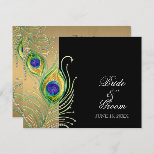 Moderne Peacock Feathers Imitate Jewel Scroll Swir RSVP Karte (Vorne/Hinten)