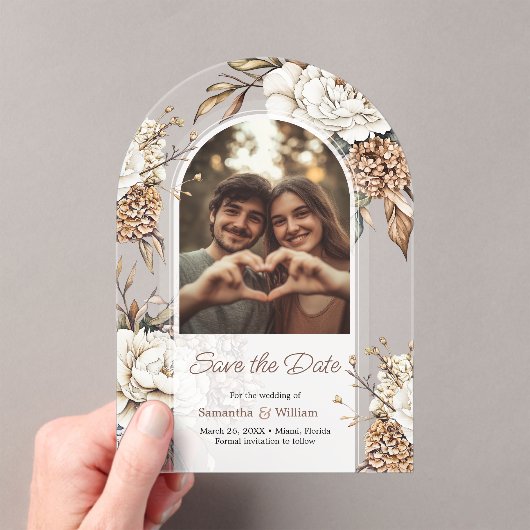 Moderne Peony & Hydrangea Hochzeit retten das Datu Acryleinladungen (Insitu (Handheld))