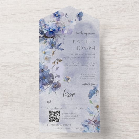 Moderne Periwinkle Blue Wildblumen QR Code All In One Einladung (Innen Boden)