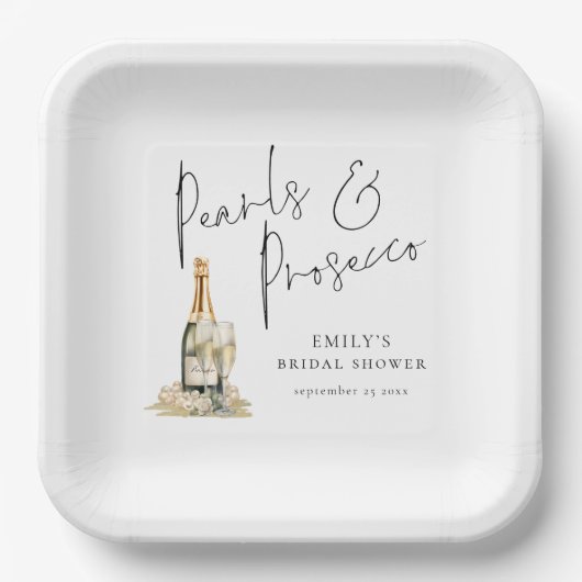 Moderne Perlen und Prosecco-Brautparty Pappteller (Vorderseite)