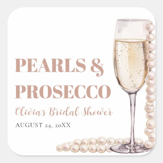 Moderne Perlen und Prosecco Brautparty Quadratischer Aufkleber (Vorderseite)