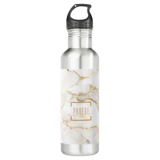 Moderne Personalisiert Name Gold Effect Marmor Edelstahlflasche (Vorderseite)