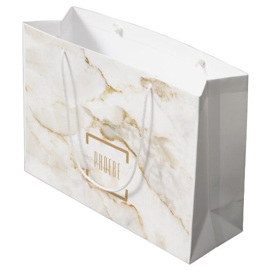 Moderne Personalisiert Name Gold Effect Marmor Große Geschenktüte (Rückseite Schrägansicht)