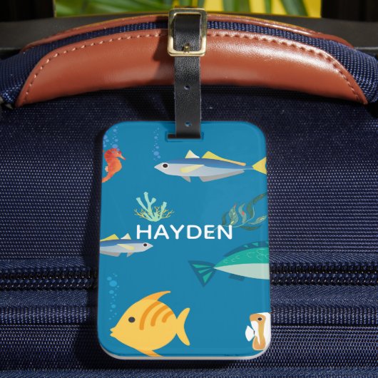 Moderne personalisierte blaue Fische und Seepferdc Gepäckanhänger (Vorderseite Insitu 2)