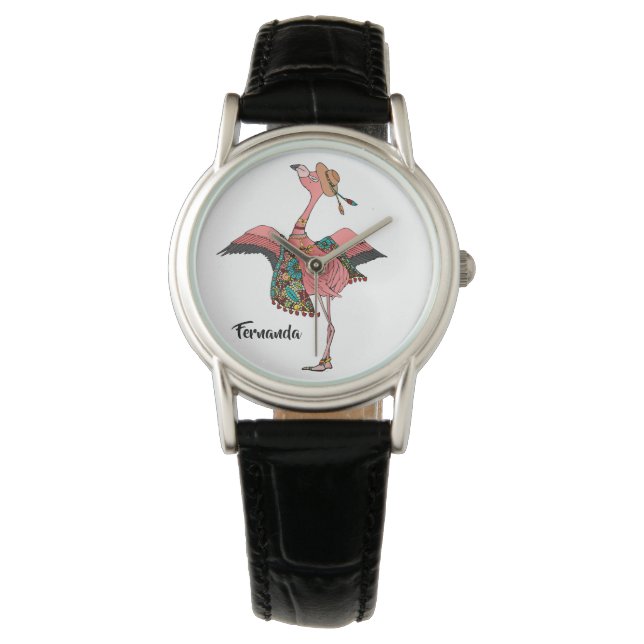 Moderne Personalisierte Bohemische Flamingo-Uhr Armbanduhr (Vorderseite)