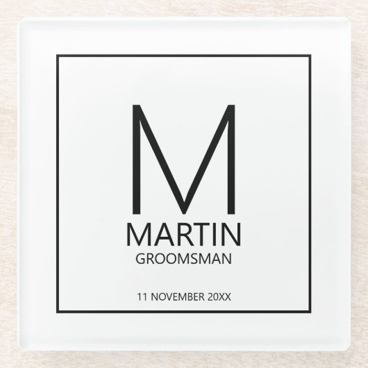 Moderne Personalisierte Monogramm- und Name-Trauze Glasuntersetzer (Vorderseite)