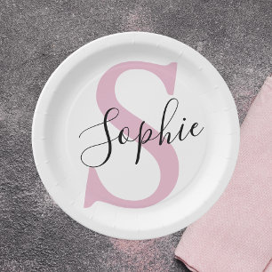 Moderne personalisierte Namensmonogramm Rosa Pappteller