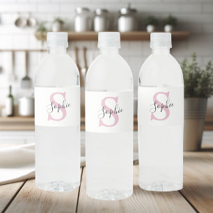 Moderne personalisierte Namensmonogramm Rosa Wasserflaschenetikett