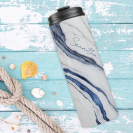 Moderne personalisierte Off-White Blaue Marmorieru Thermosbecher