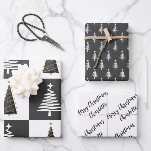 Moderne Personalisierte Schwarz-Weiß-Weihnachten Geschenkpapier Set (Vorderseite)