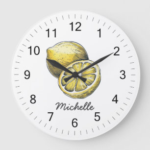 Moderne Personalisierte Wasserfarbe Gelbe Zitrone Große Wanduhr