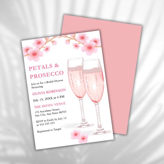 Moderne Petals & Prosecco Rosa Brautparty Einladung