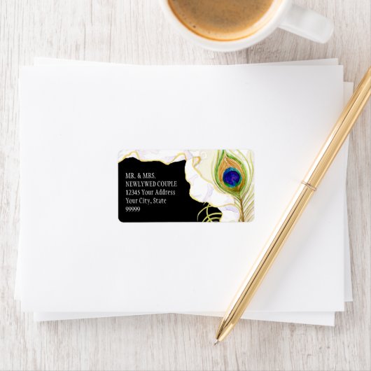 Moderne Pfauenfeathers Imitate Ribbon Damask Swirl Adressaufkleber (Insitu)