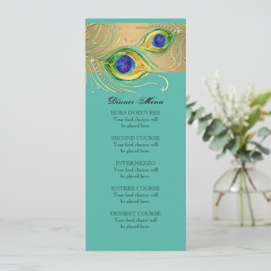 Moderne Pfauenfeathers Wasserfarbe Gold Jewel Menükarte (Stehend Vorderseite)