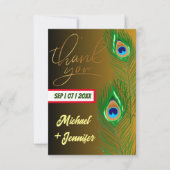 Moderne Pfauenfeder Golden Black Custom Wedding Dankeskarte (Vorderseite)