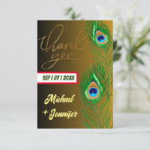 Moderne Pfauenfeder Golden Black Custom Wedding Dankeskarte (Stehend Vorderseite)